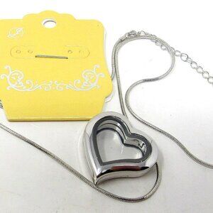 Tilted Heart Floating Charm Necklace Tag Locket Silver Chain For Charms